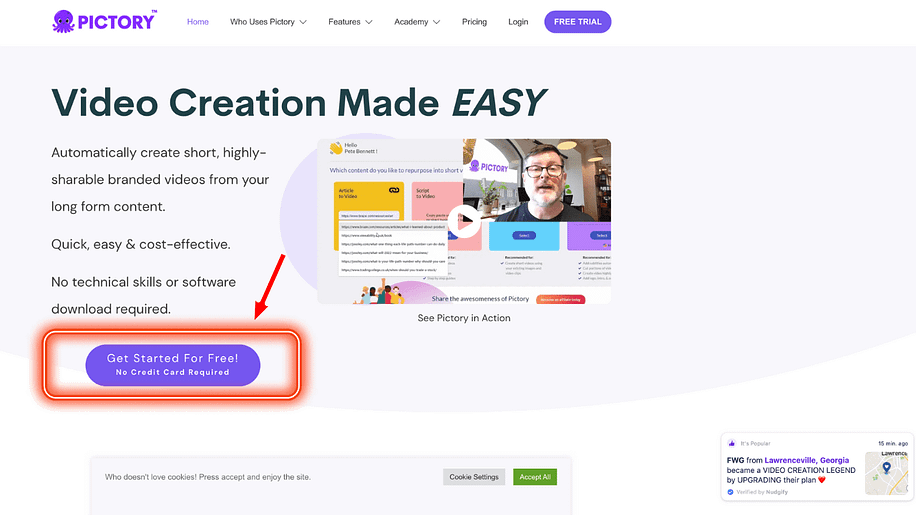 Pictory sign up page